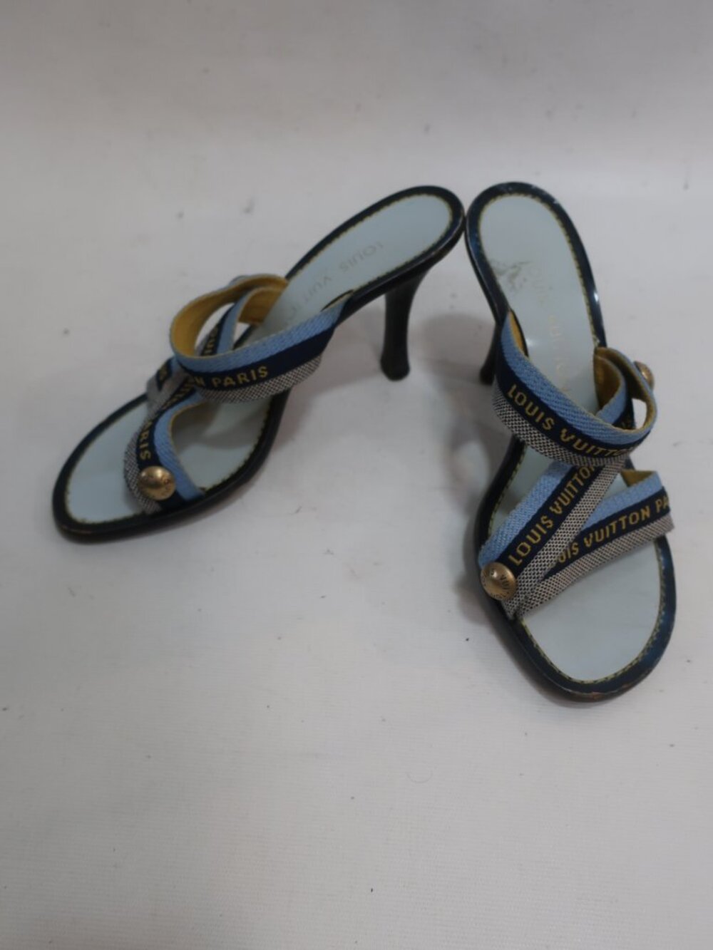 Womens Louis Vuitton Paris Blue Canvas Signature Heeled Sandals 37 US/7